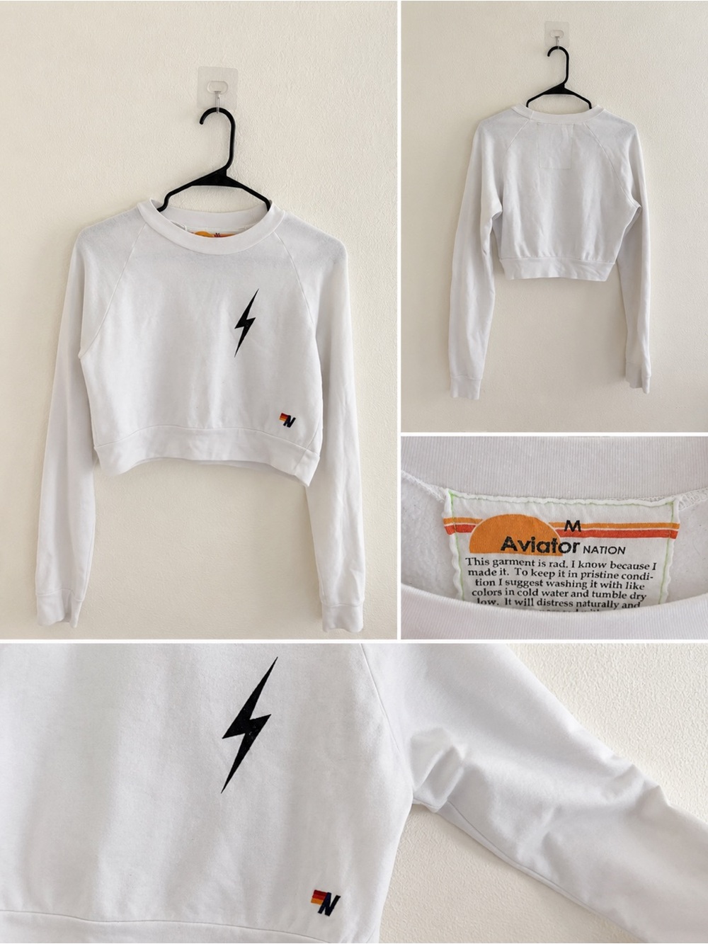 Aviator Nation White Lightning Bolt Cropped Sweatshirt Size M